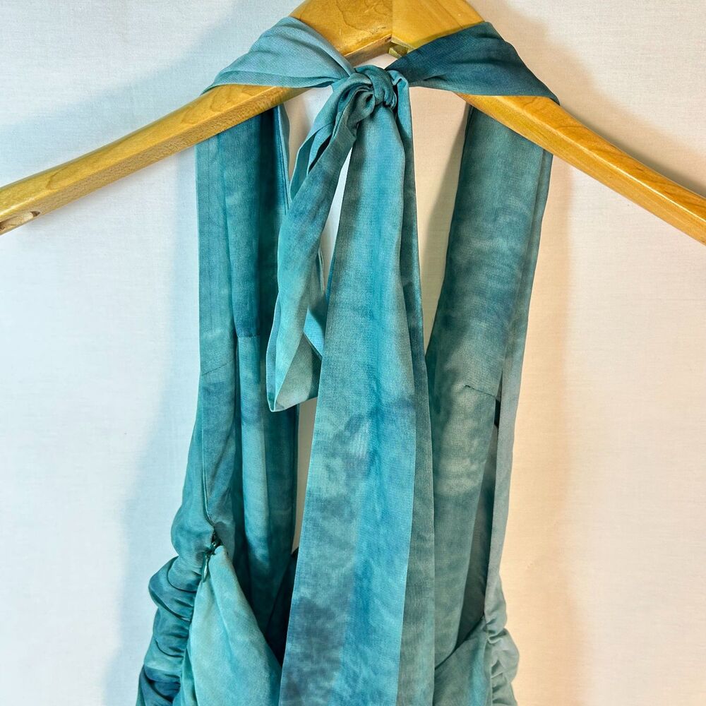Peppermayo NWOT Teal Watercolor Plunge Halter Backless Mini Dress Size 2 - Picture 11 of 15